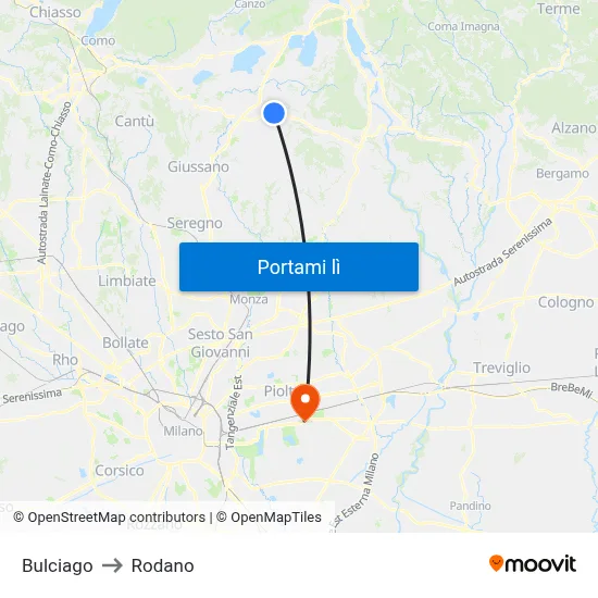 Bulciago to Rodano map