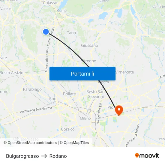 Bulgarograsso to Rodano map