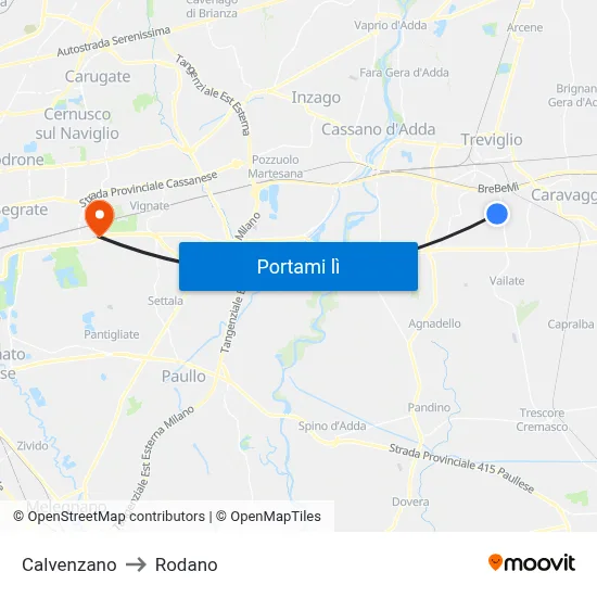 Calvenzano to Rodano map