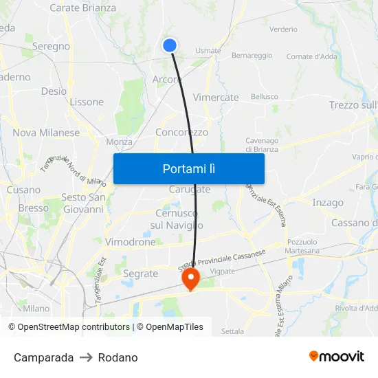Camparada to Rodano map