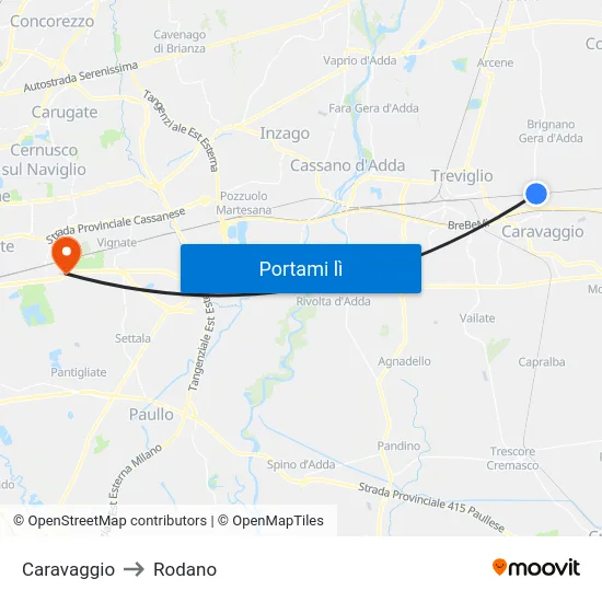 Caravaggio to Rodano map