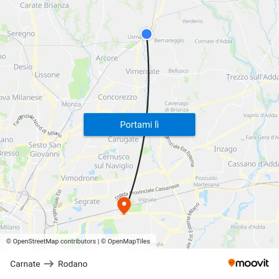Carnate to Rodano map