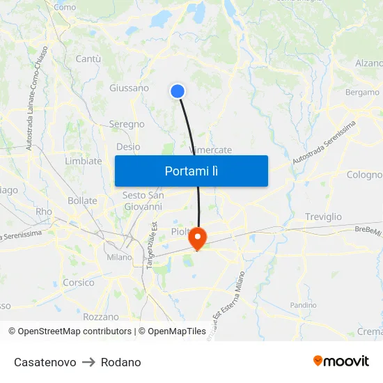 Casatenovo to Rodano map