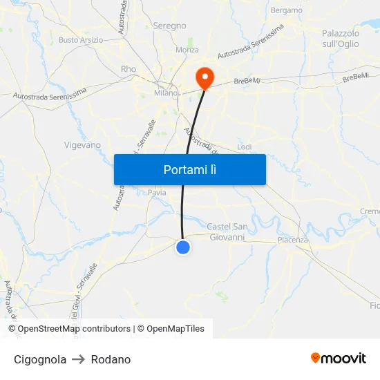 Cigognola to Rodano map