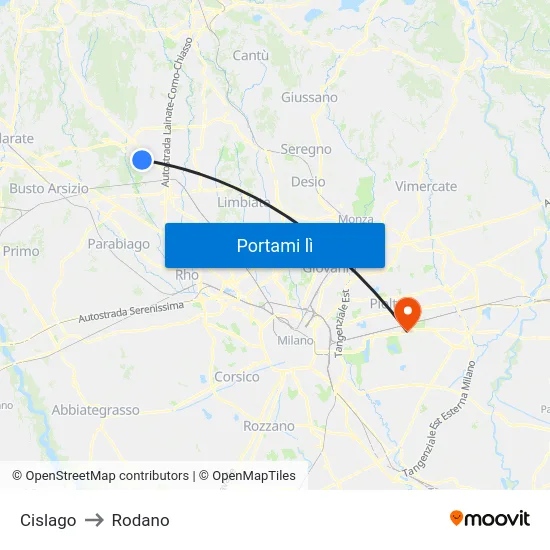 Cislago to Rodano map