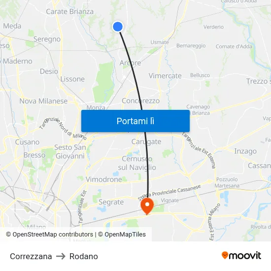 Correzzana to Rodano map
