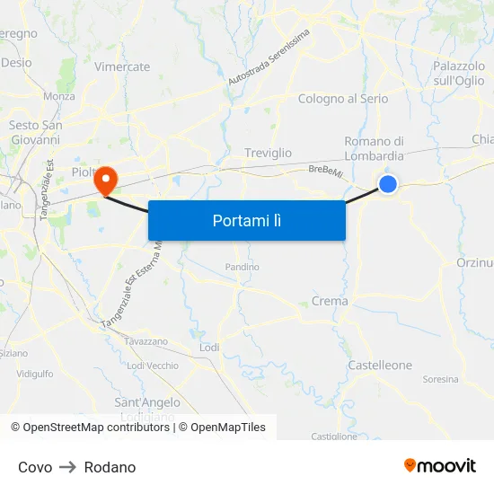 Covo to Rodano map