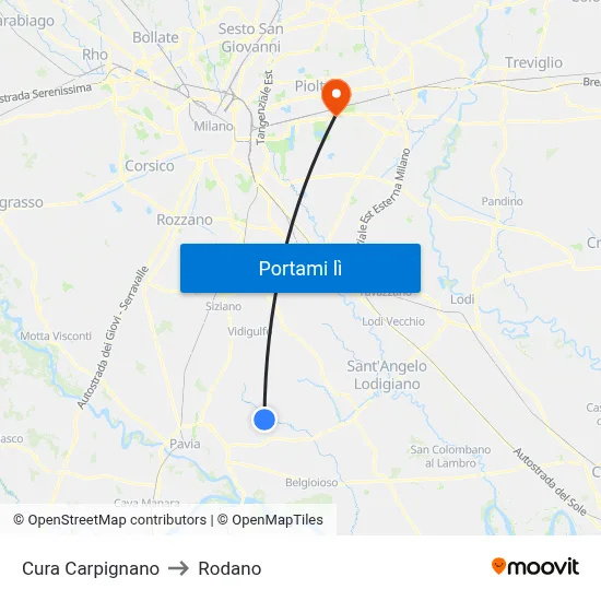 Cura Carpignano to Rodano map