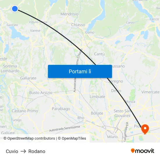 Cuvio to Rodano map