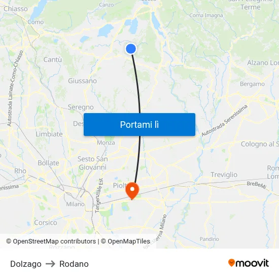 Dolzago to Rodano map