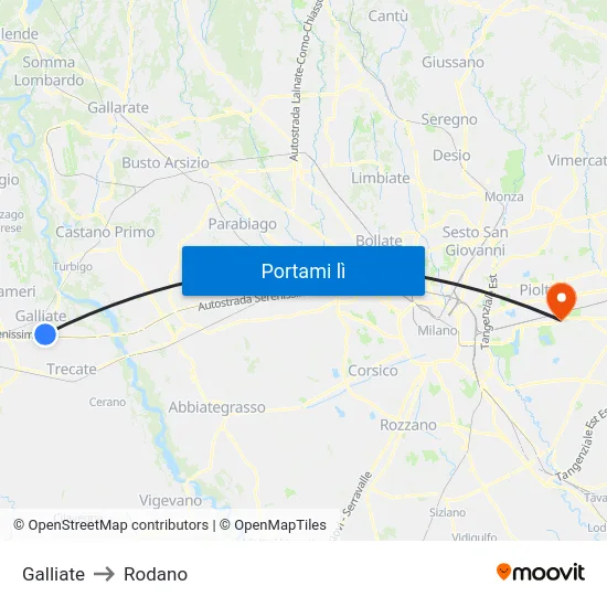 Galliate to Rodano map