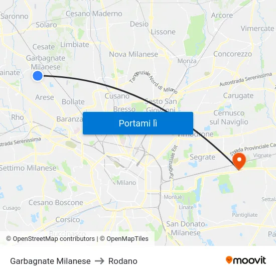 Garbagnate Milanese to Rodano map