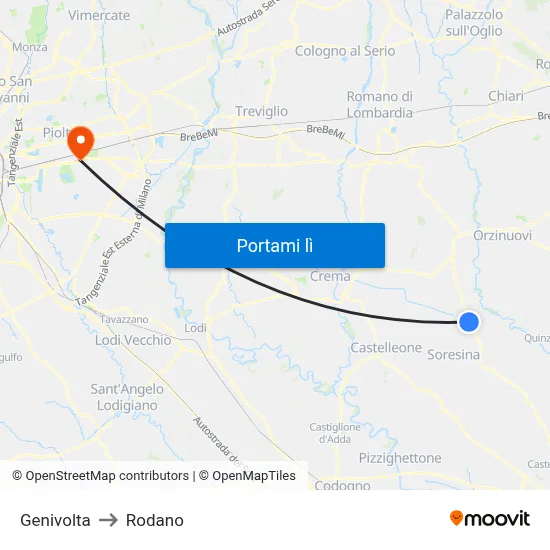 Genivolta to Rodano map
