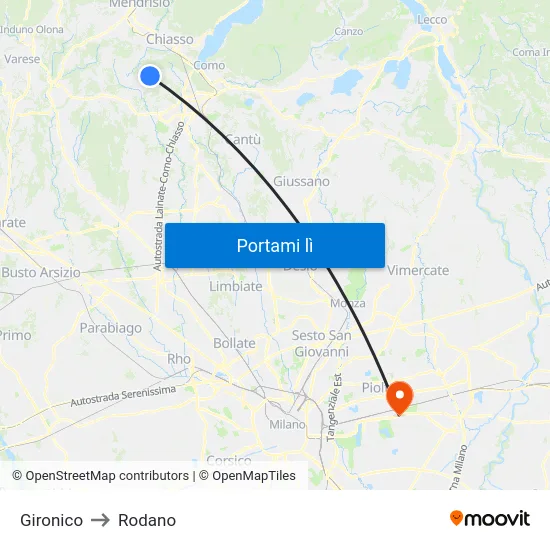 Gironico to Rodano map