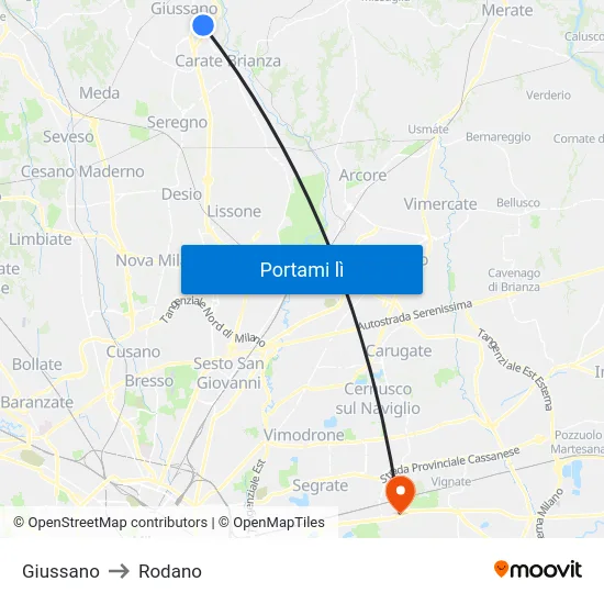 Giussano to Rodano map