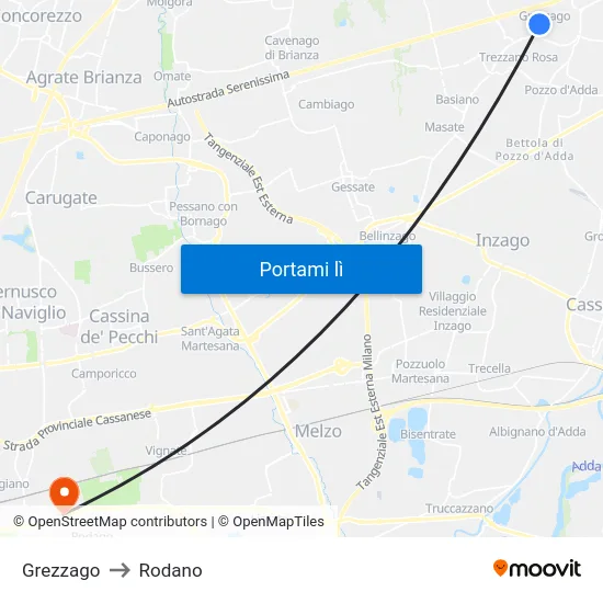Grezzago to Rodano map