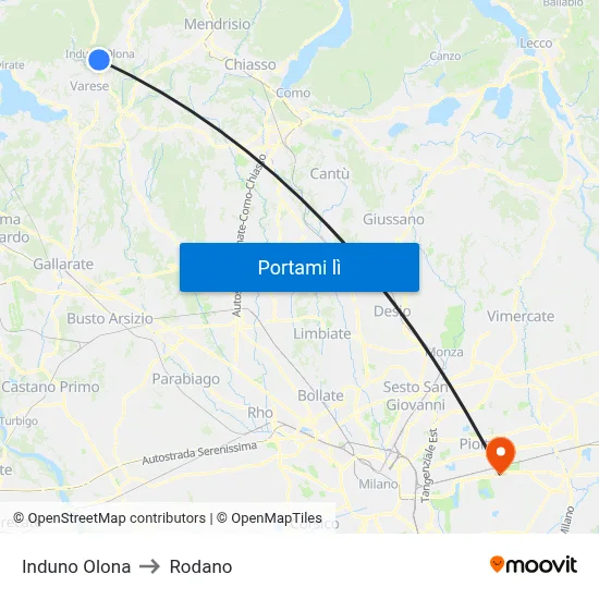 Induno Olona to Rodano map