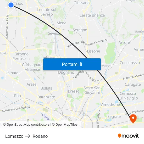Lomazzo to Rodano map