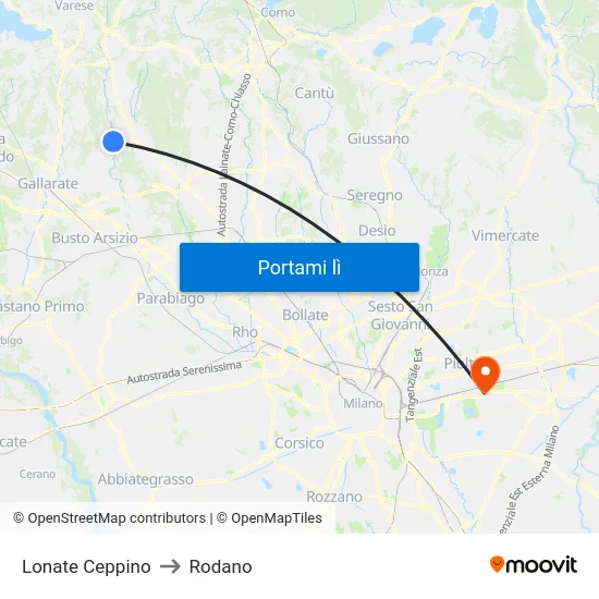 Lonate Ceppino to Rodano map