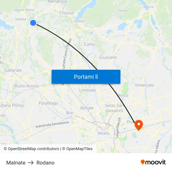 Malnate to Rodano map