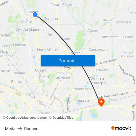 Meda to Rodano map