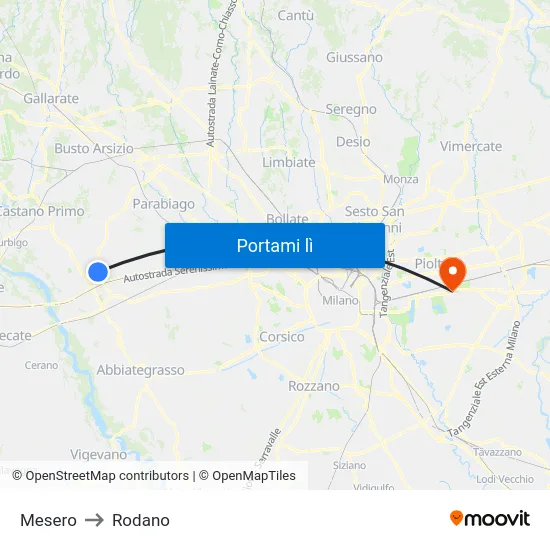 Mesero to Rodano map