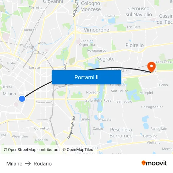 Milano to Rodano map