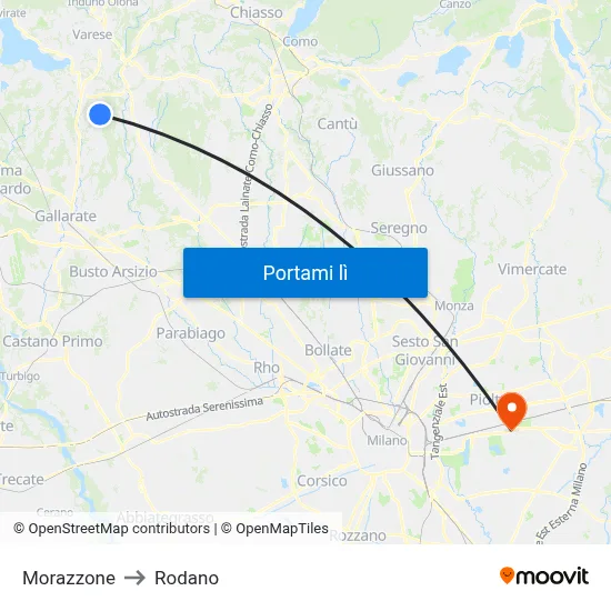 Morazzone to Rodano map