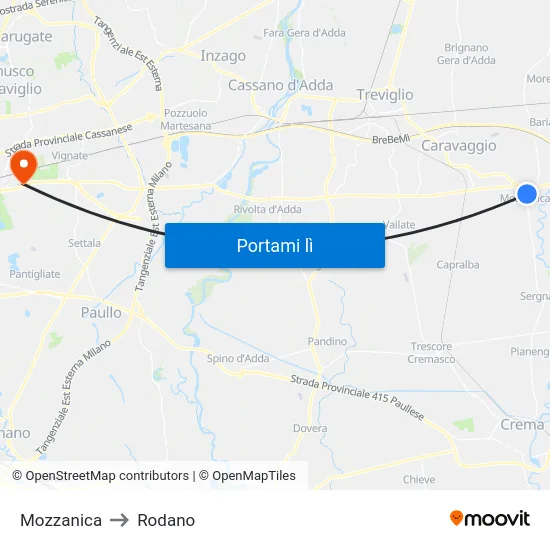 Mozzanica to Rodano map