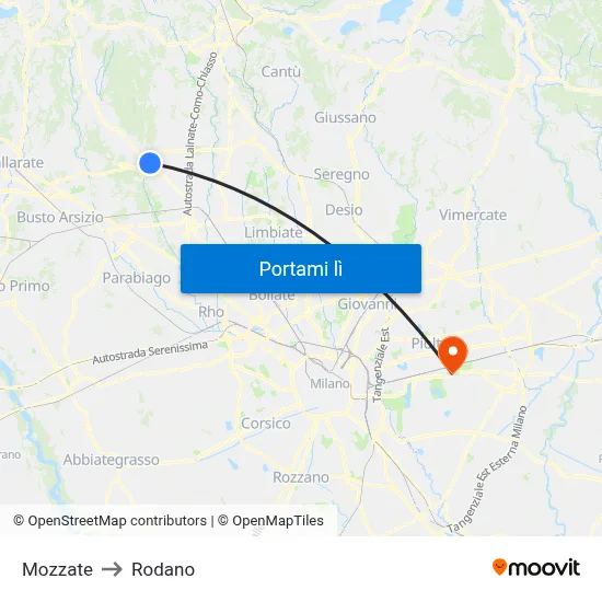 Mozzate to Rodano map