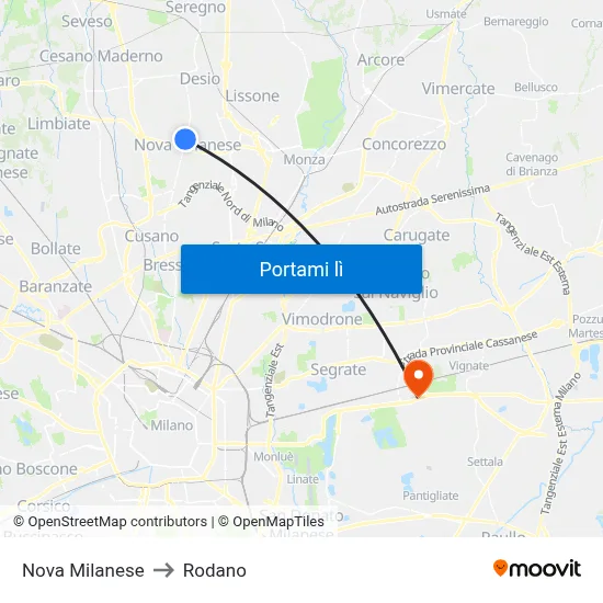 Nova Milanese to Rodano map