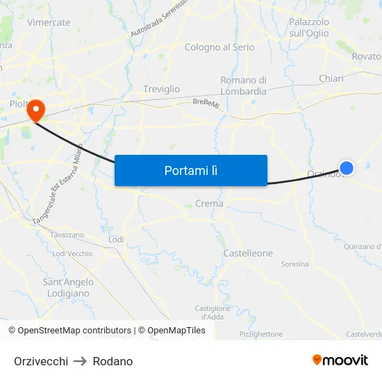 Orzivecchi to Rodano map