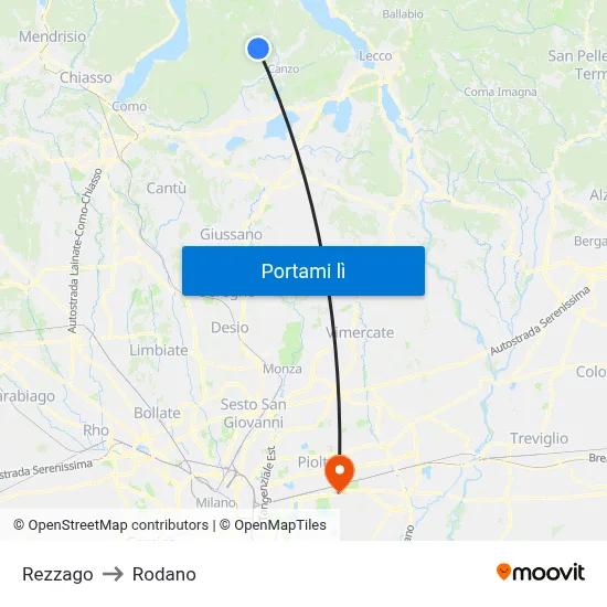 Rezzago to Rodano map