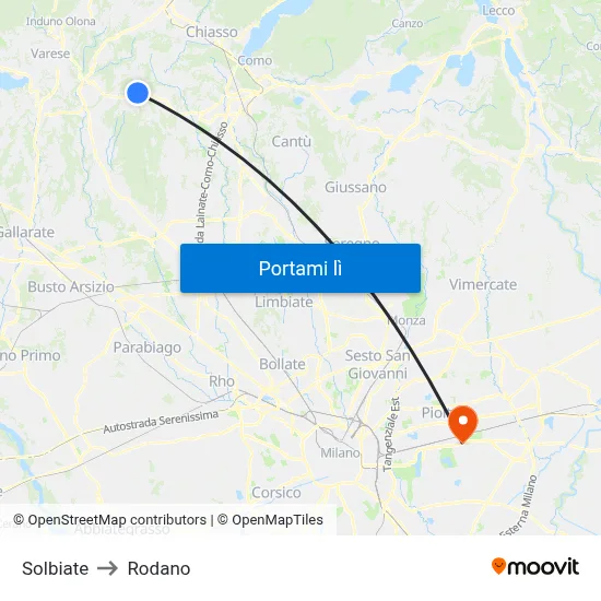 Solbiate to Rodano map