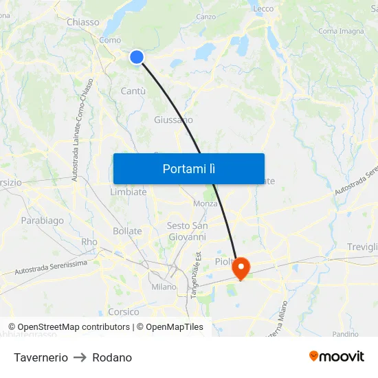 Tavernerio to Rodano map