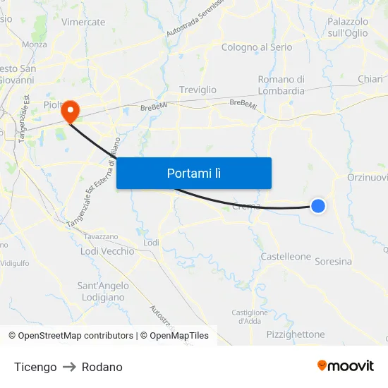 Ticengo to Rodano map