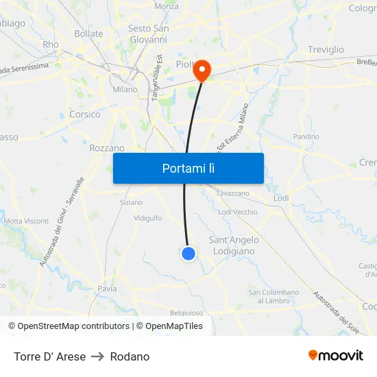 Torre D' Arese to Rodano map