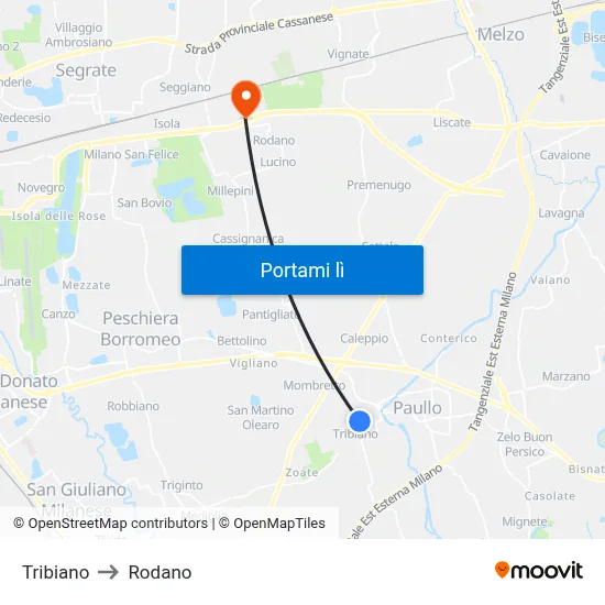 Tribiano to Rodano map