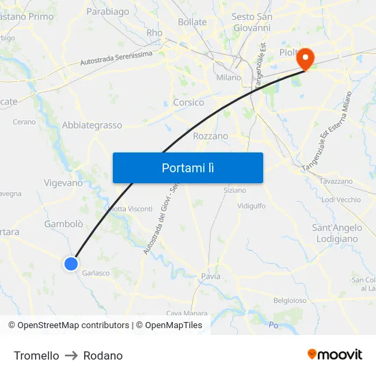 Tromello to Rodano map