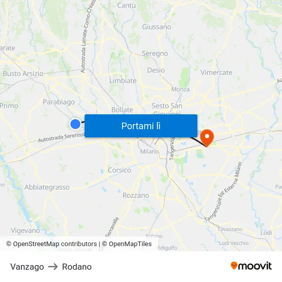 Vanzago to Rodano map
