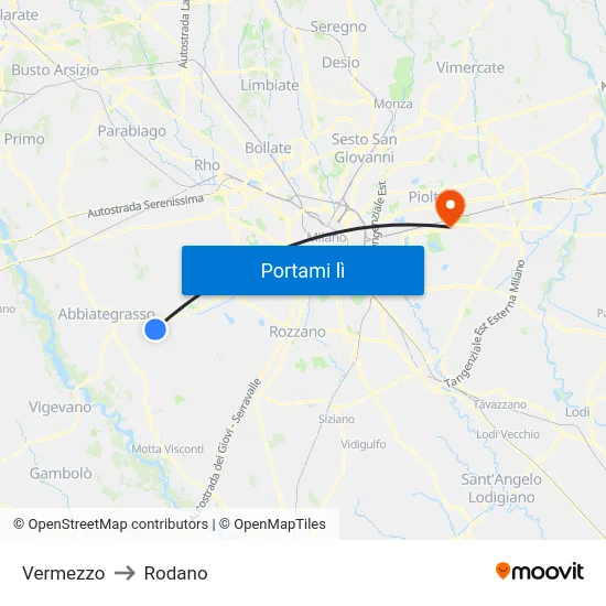 Vermezzo to Rodano map