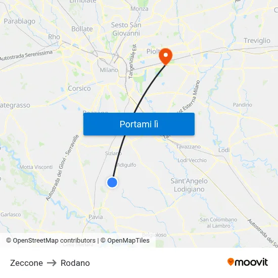 Zeccone to Rodano map