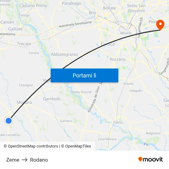 Zeme to Rodano map