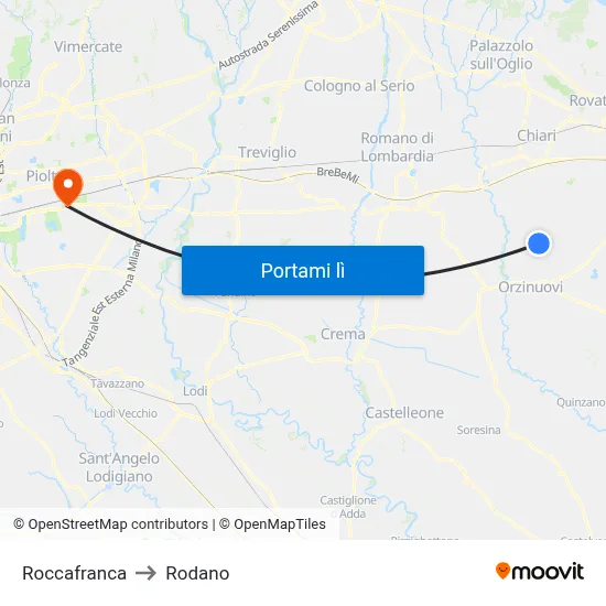 Roccafranca to Rodano map