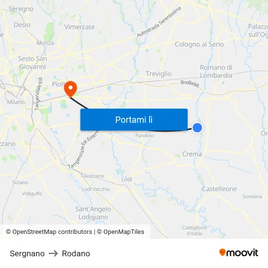 Sergnano to Rodano map