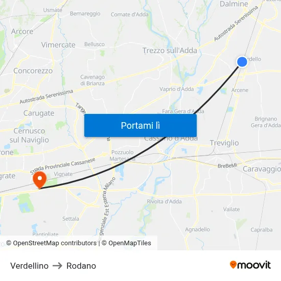 Verdellino to Rodano map