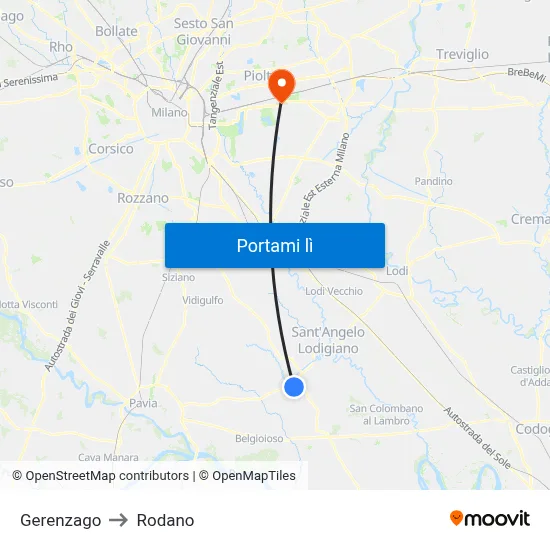 Gerenzago to Rodano map