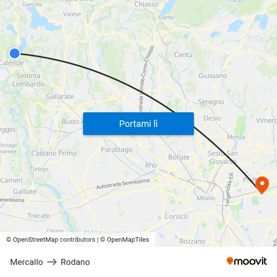 Mercallo to Rodano map