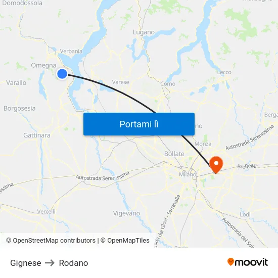 Gignese to Rodano map