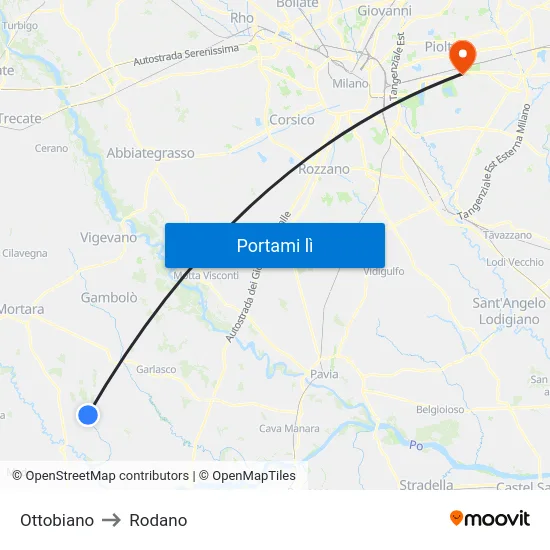 Ottobiano to Rodano map